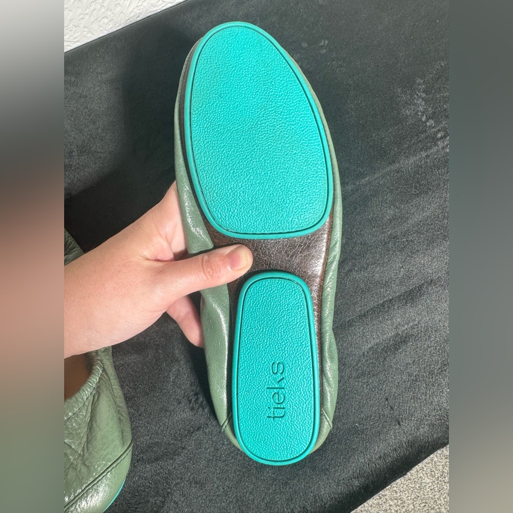 Tieks Women's Leather Ballet Flats in Sage Green with Teal Trim - Picture 7 of 10